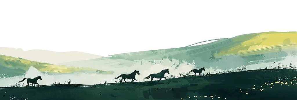 Paysage de steppes avec des chevaux qui courent